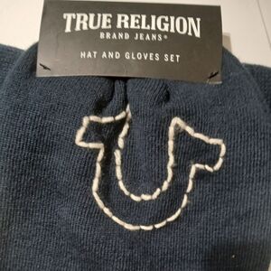 True Religion Navy Beanie and Gloves Set